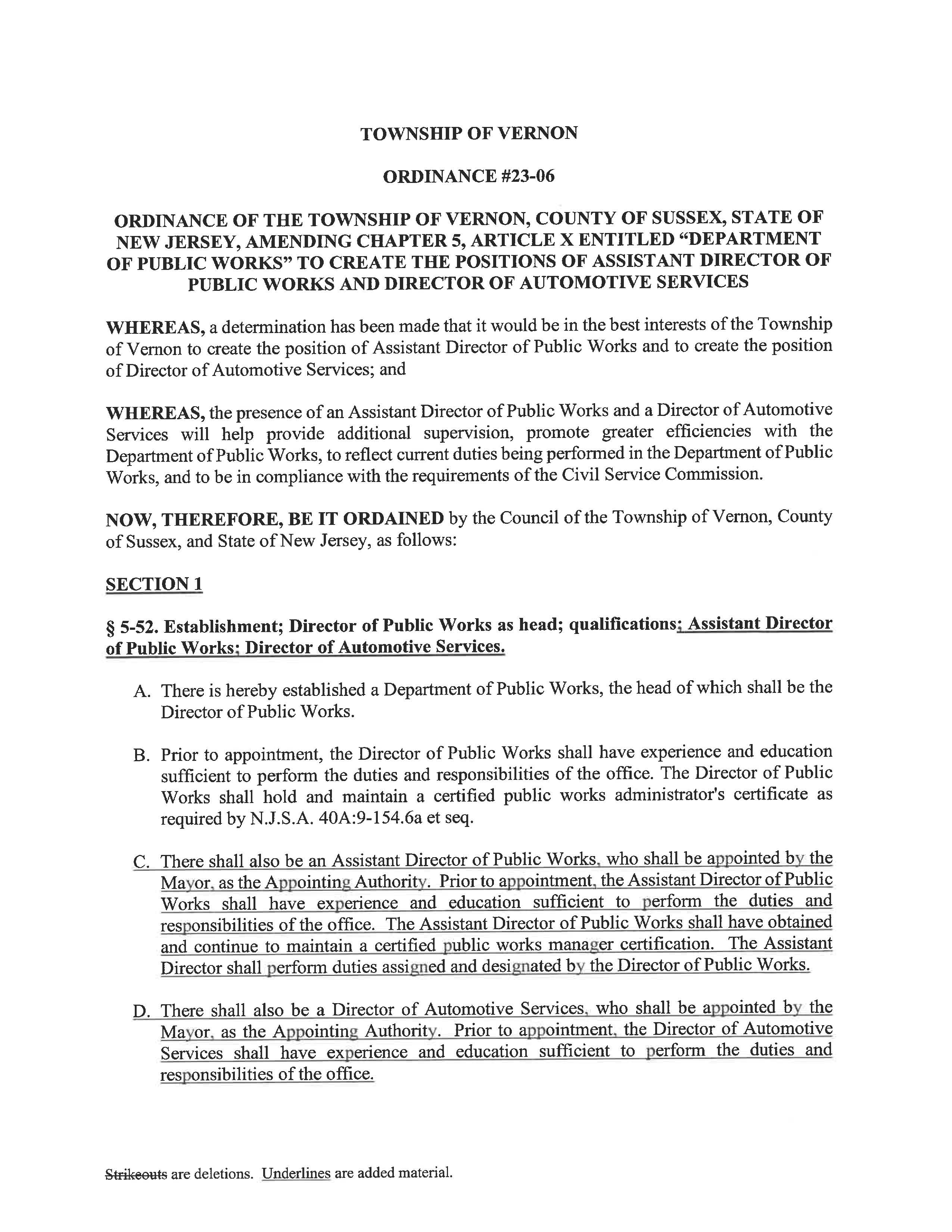 23 06 Ordinance re Assistant Director of Public Works and Director of Automotive Page 1