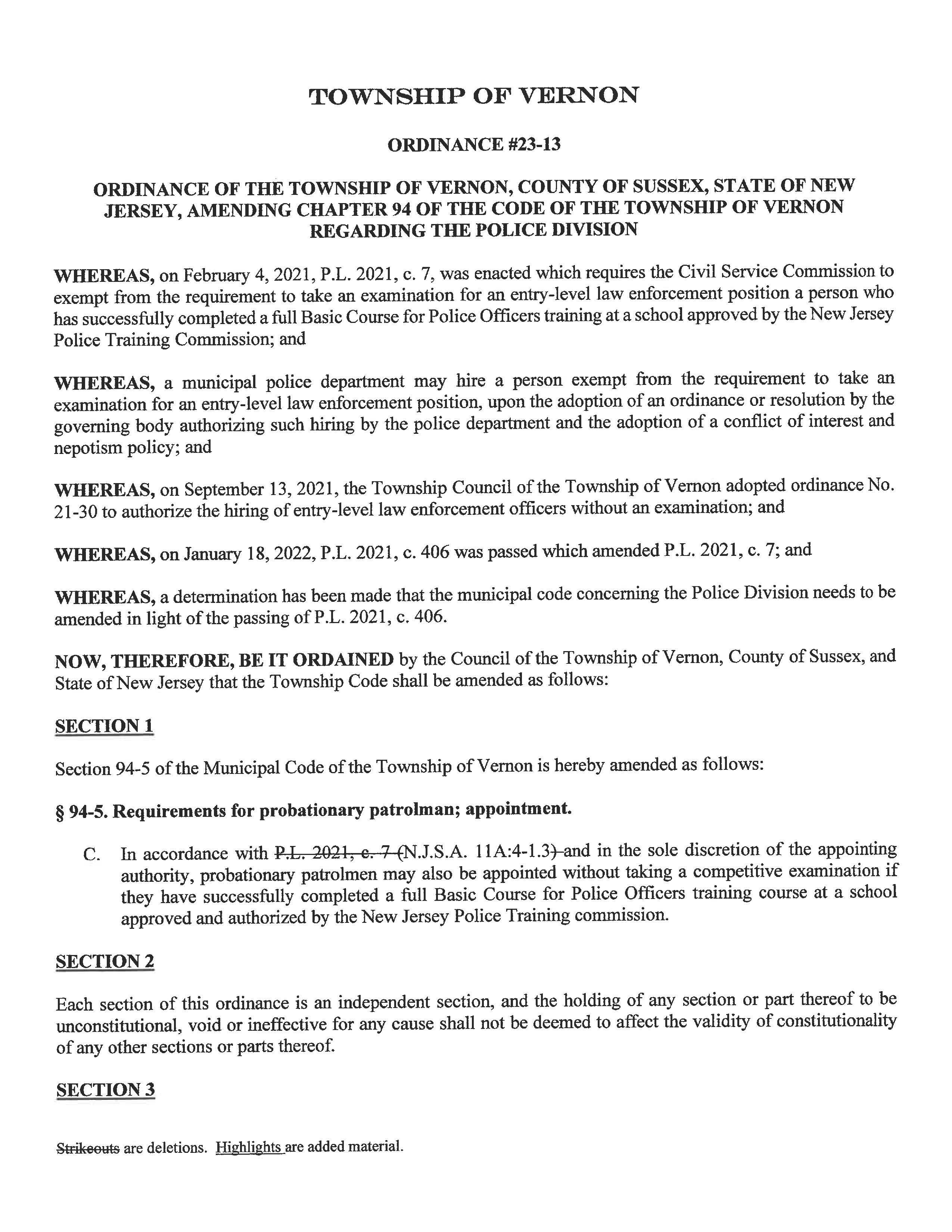 23 13 Amending the Township Code re Hiring for Police Division Page 1