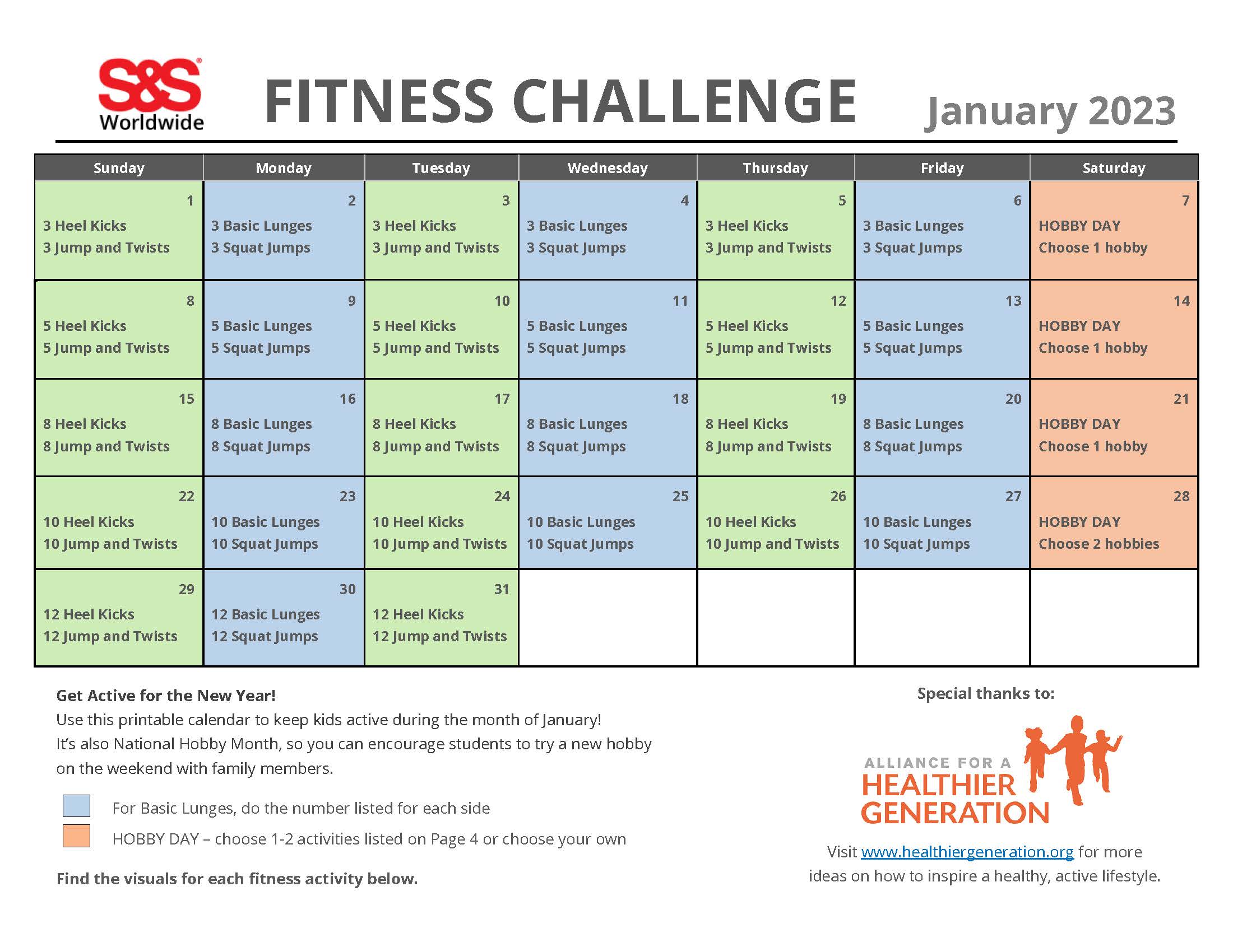 January Printable Fitness Challenge Calendar 2023 Page 1